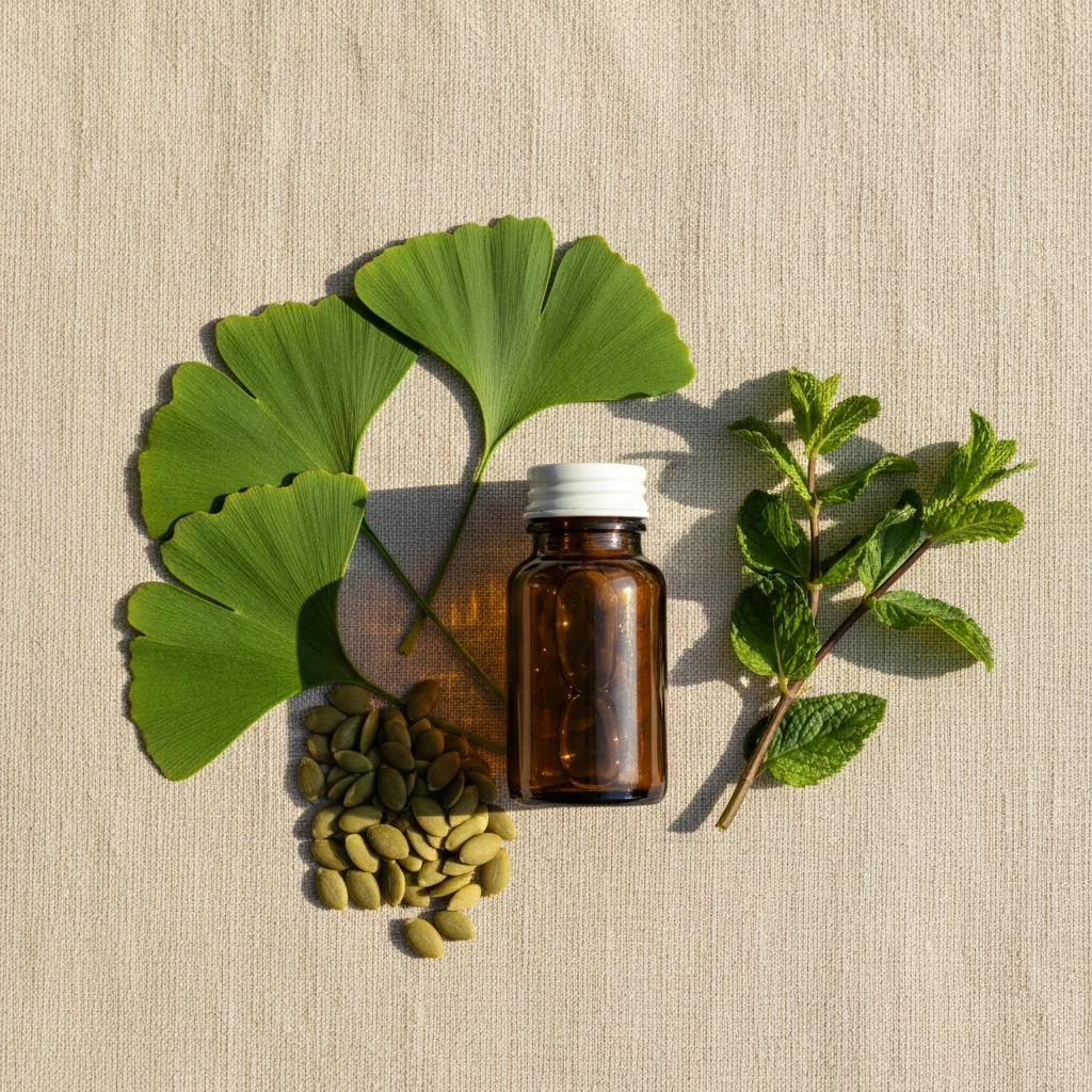 Revixol supplement bottle with ginkgo biloba leaves and pumpkin seeds on a linen surface
